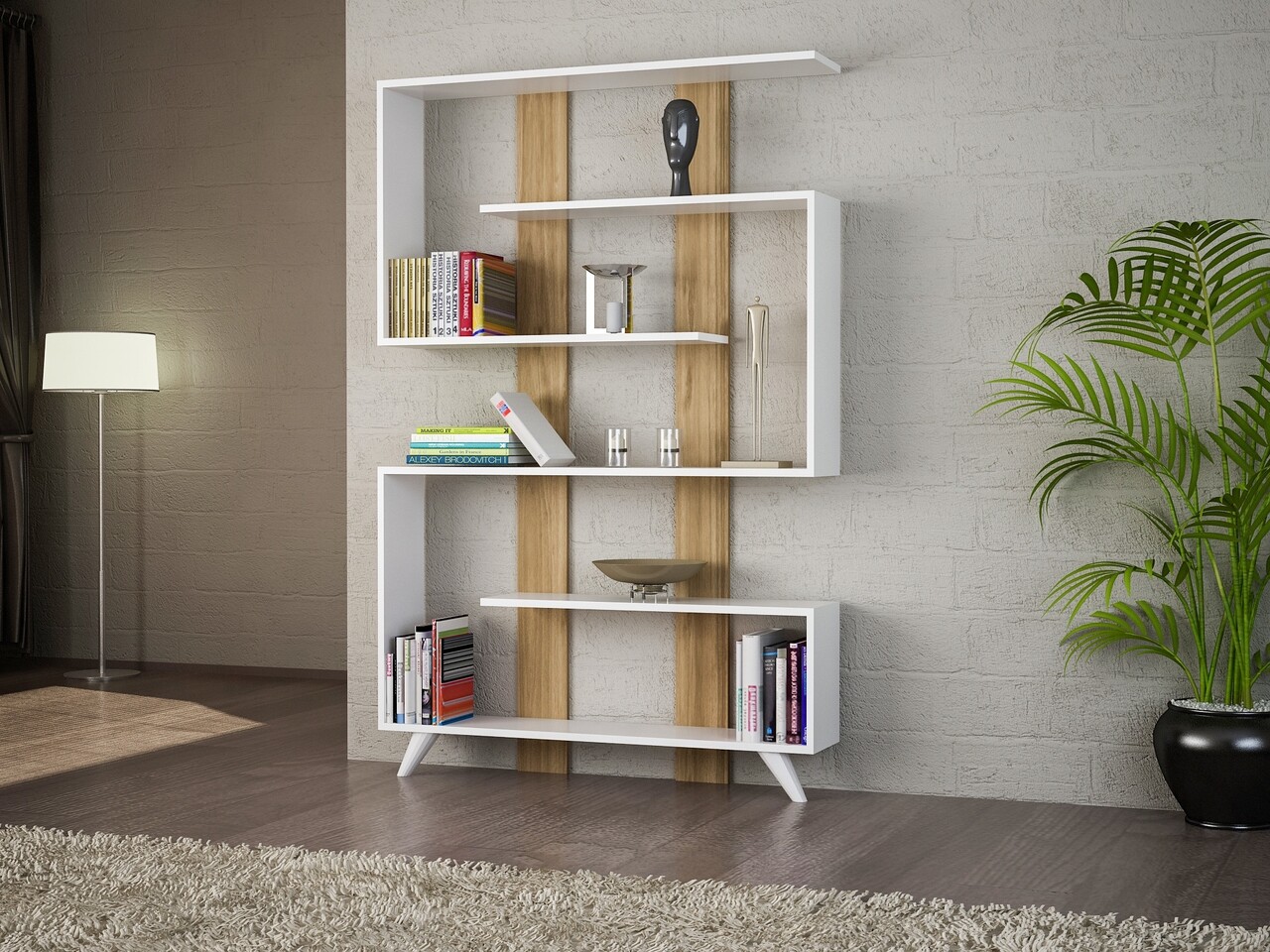 Biblioteca Rain, Woody Fashion, 120x20x162 cm, alb/maro - imagine 5